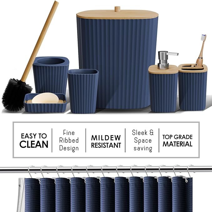 Clara Clark Bathroom Set, Shower Curtain Set, Bathroom Accessory Set | 20 Piece Navy Blue Bathroom Accessories Set with Toothbrush Holder, Soap Dispenser, Soap Dish, Toilet Brush, and Trash Can