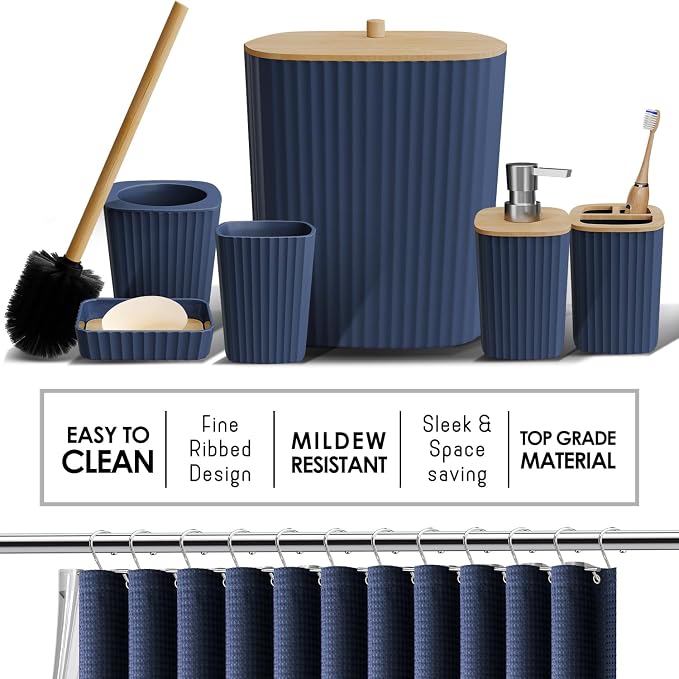Clara Clark Bathroom Set, Shower Curtain Set and Shower Caddy Hanging | 25 Piece Navy Blue Bathroom Accessories Set with Toothbrush Holder, Soap Dispenser, Soap Dish, Toilet Brush, and Trash Can
