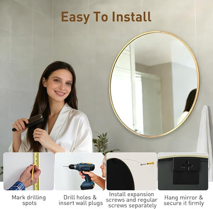 DUMOS 36 Inch Round Wall Mirror, Bathroom Mirror, Gold | Metal Frame, Tempered Glass & Anti Rust Metal Frame, Decor for Bathroom Vanity Bedroom Entryway