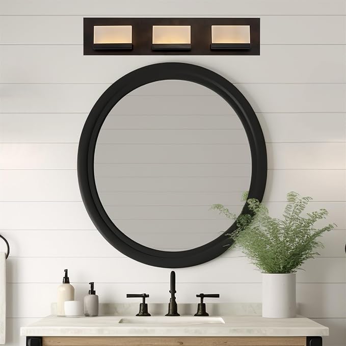 Kira Home Everett 24" Modern Integrated LED 3-Light Bathroom Vanity Light | 30W 3000K Warm White Light, Minimalist Bathroom Wall Sconce with Frosted Acrylic Blocks, Oil Rubbed Bronze Finish