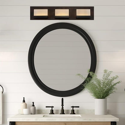 Kira Home Everett 24" Modern Integrated LED 3-Light Bathroom Vanity Light | 30W 3000K Warm White Light, Minimalist Bathroom Wall Sconce with Frosted Acrylic Blocks, Oil Rubbed Bronze Finish