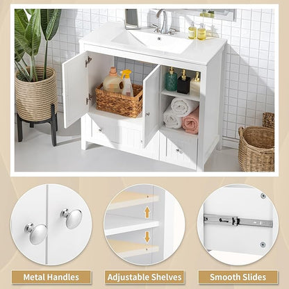 VINGLI 36" Modern Bathroom Vanity with Ceramic Sink, White Bathroom Vanity Cabinet w/2 Stripe Doors & 2 Drawers, Bathroom Sink Cabinet Combo, Floor Storage Cupboard w/Open Shelf for Bathroom