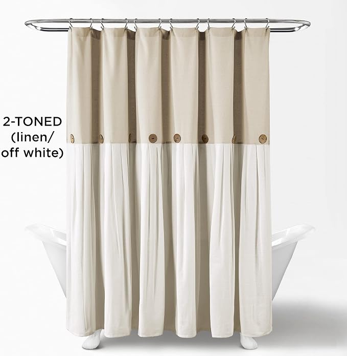 Lush Decor Linen Button Shower Curtain, 72" W x 72" L, Linen - Neural Shower Curtain Fabric - Bathroom Curtain - Farmhouse Bathroom Decor