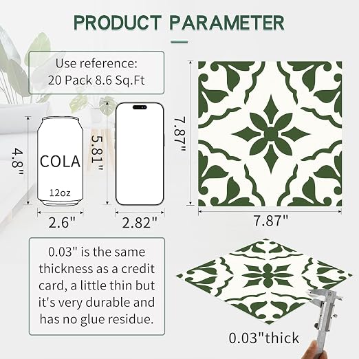 MORCART 20PCS 7.87" x 7.87" Peel and Stick Floor Tile, Green Retro Design | Self-Adhesive DIY Vinyl Flooring, Removable and Waterproof Tile Sticker for Bathroom, Kitchen, Wall, Bedroom, Stairs