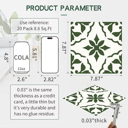 MORCART 20PCS 7.87" x 7.87" Peel and Stick Floor Tile, Green Retro Design | Self-Adhesive DIY Vinyl Flooring, Removable and Waterproof Tile Sticker for Bathroom, Kitchen, Wall, Bedroom, Stairs