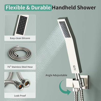 Shower Faucet Set Shower System - SR SUN RISE Brushed Nickel Shower Trim Kit with Dual Shower Head, 10'' Ceiling Rainfall 6'' Wall Mount with Handheld Shower for Couples, Complete 6 Diverter Valve