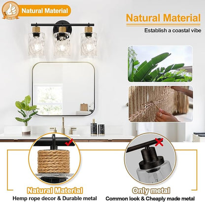 Bathroom Light Fixtures, 3-Light Coastal Vanity Lights with Crystal Glass Shade, Black Bathroom Wall Lamp for Mirror Kitchen Hallway Cabinet