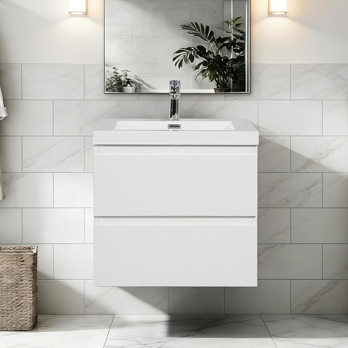 Modern 24" Floating Bathroom Vanity with Sink | Advanced Wall-Mounted Cabinet, Resin Top Basin, Soft Close Drawers | Easy to Install Glossy White