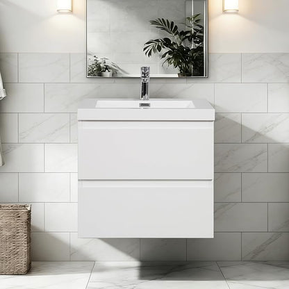Modern 24" Floating Bathroom Vanity with Sink | Advanced Wall-Mounted Cabinet, Resin Top Basin, Soft Close Drawers | Easy to Install Glossy White