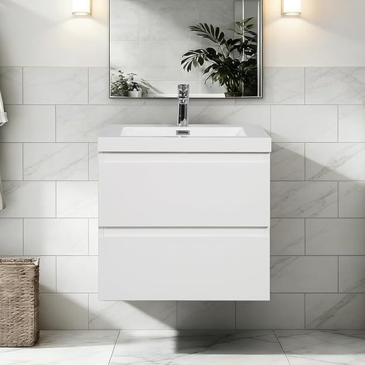 Modern 24" Floating Bathroom Vanity with Sink | Advanced Wall-Mounted Cabinet, Resin Top Basin, Soft Close Drawers | Easy to Install Glossy White