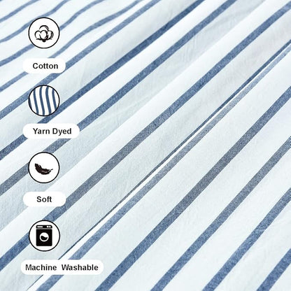 DOSLY Ides Farmhouse Shower Curtain, Beige and Blue Stripe, Button Curtain, Linen and Cotton Woven Fabric, Rustic Charm Country Chic Style, 72x84 in