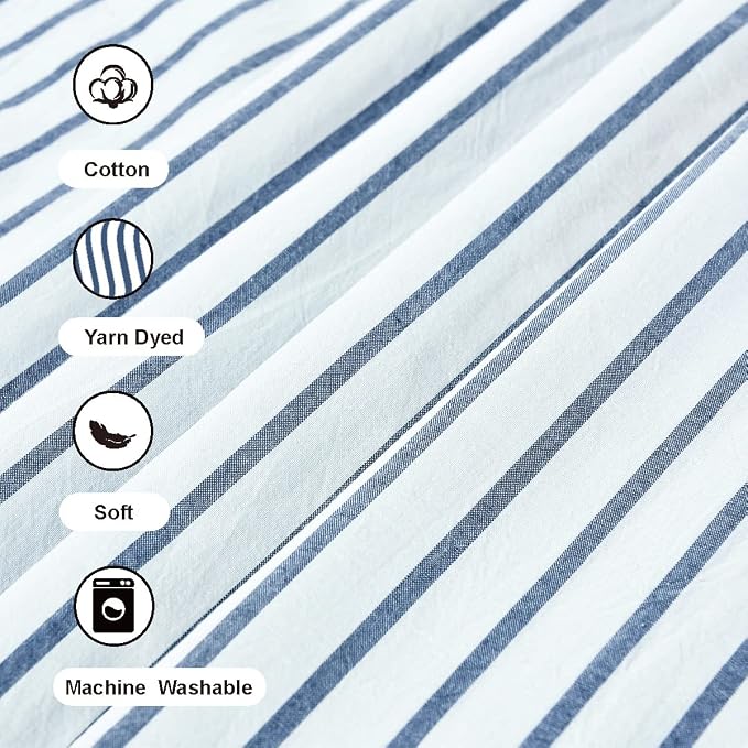 DOSLY Ides Farmhouse Shower Curtain, Beige and Blue Stripe, Button Curtain, Linen and Cotton Woven Fabric, Rustic Charm Country Chic Style, 72x78 in