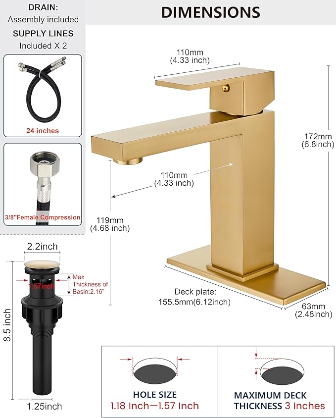 Midanya Bathroom Faucets 1 Hole, Single Handle Stainless Steel Bathroom Sink Faucet, Modern Vanity Faucets with Deck Plate,Water Supply Hoses and Pop Up Drain,Brushed Gold