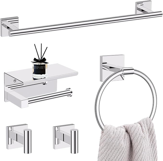 Lairuier Bathroom Hardware Set Polish Chrome, Towel Holder Set Wall Mounted | Bathroom Accessories Set, SUS304 Stainless Steel 23.6" Towel Bar, Toilet Paper Holder with Shelf, Towel Ring and Towel Hooks