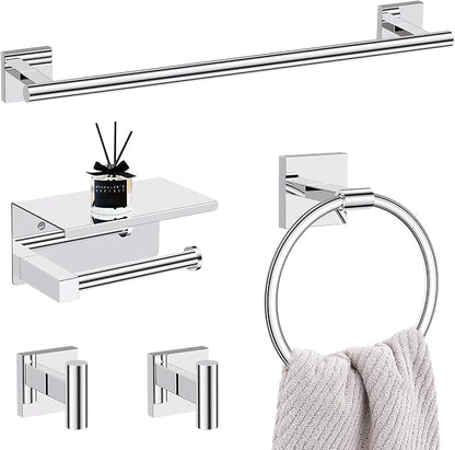 Lairuier Bathroom Hardware Set Polish Chrome, Towel Holder Set Wall Mounted | Bathroom Accessories Set, SUS304 Stainless Steel 23.6" Towel Bar, Toilet Paper Holder with Shelf, Towel Ring and Towel Hooks