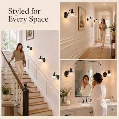 Matte Black Bathroom Wall Sconce Vintage Style, E26 Easy Mounted | Vanity Light with Flower Glass Shade, Bathroom Wall Lighting Fixture Beside Mirror, Easy Mounted for Bedroom, Hallway