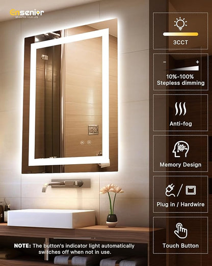 Ensenior LED Bathroom Mirror 24"x 32" with Front and Backlight, Stepless Dimmable Wall Mirrors with Anti-Fog, Shatter-Proof, Memory, 3 Colors, Modern LED Vanity Mirror-ETL & FCC