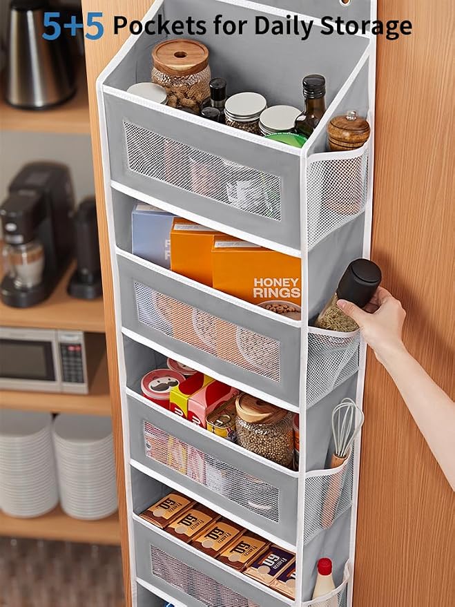 JARLINK Over the Door Organizer for Bedroom, Pantry, Bathroom, 5 Shelf Grey | Anti-Tilt Design, 44 lb Load Capacity, Hanging Door Organizer with 5 Large Capacity Pockets, Behind Door Storage for Nursery