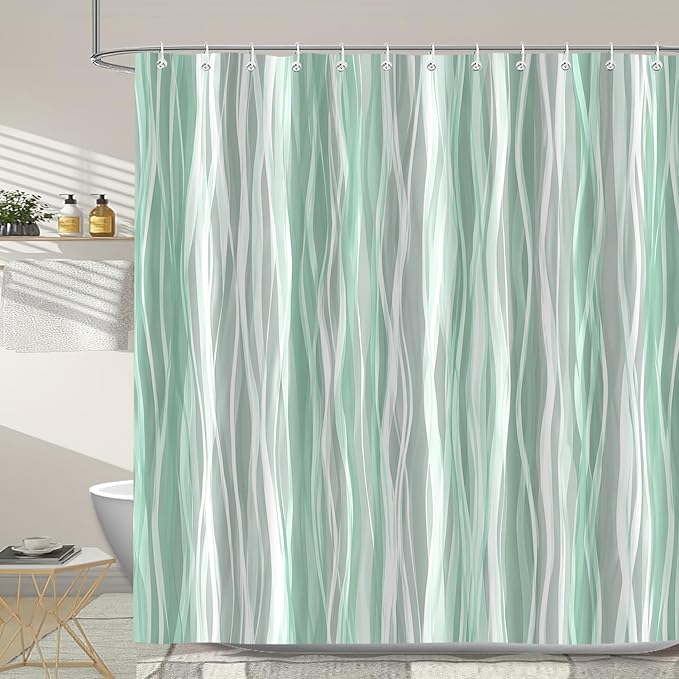 Moonslim Sage Green Grey Ombre Shower Curtain, Modern Wavy Abstract Striped Line Bathroom Curtain, Waterproof Fabric Bath Decor, 72 x 72 Inch