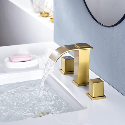 Luxury Brass Widespread Waterfall Bathroom Sink Faucets for 3 Hole 2-Handle 8 Inch Deck Vanity Faucet, &Stainless Steel Pop-up Drain Assembly, Brushed Brass Gold