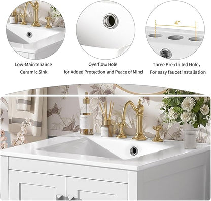 24" Freestanding Bathroom Vanity with Sink, Floor Stand Bathroom Storage Cabinet with Ceramic Sink, Doors with Double-Layered Storage Shelves, Modern Compact Vanity with Divided Drawer, White