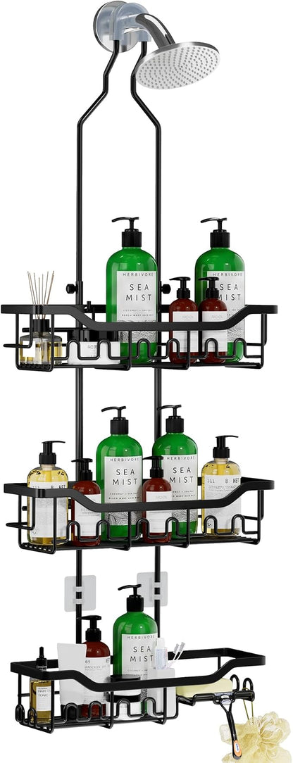 Adjustable Shower Caddy Hanging, Extended Length Organizer Over Shower Head, 3 Tier Long Neck Shower Rack with Soap Holder for Large Storage, Black