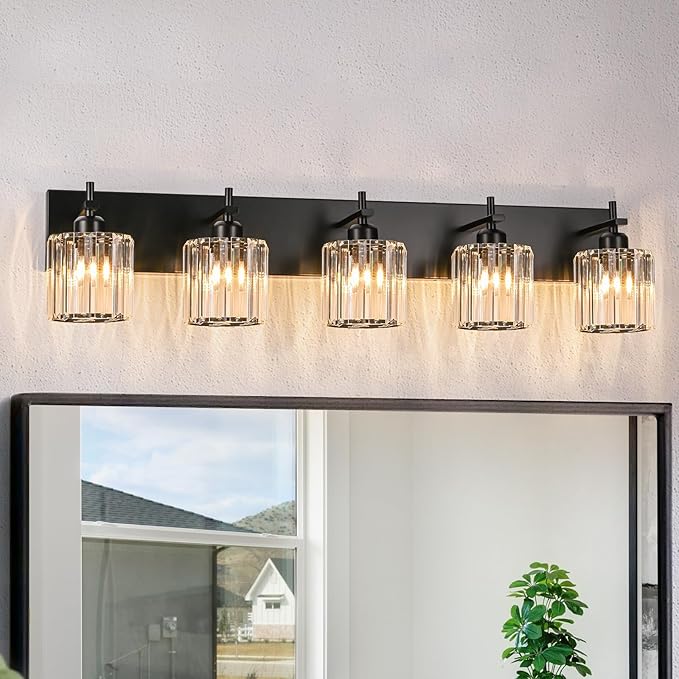Black Crystal Bathroom Vanity Lights, Modern 5-Lights Bathroom Lighting Fixtures Over Mirror, Crystal Wall Lighting with Round Shade