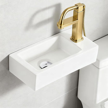14"x7" Small Bathroom Sink Wall Mount Bathroom Sink Rectangle Ceramic Wash Basin floating Mini Vessel Sink for Bathrooms, Right Hand