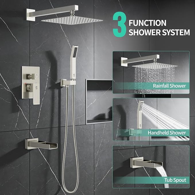 SR SUN RISE 10 Inch All Metal Square Shower System with Tub Spout, Tub Shower Faucet Set, High Pressure Rain Shower Head and Handheld Sprayer Shower Fixtues, Valve Included, Brushed Nickel