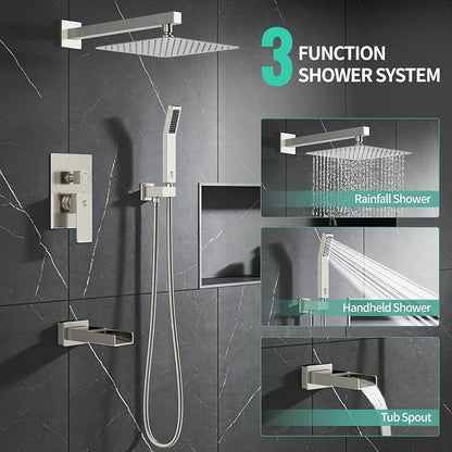 SR SUN RISE 10 Inch All Metal Square Shower System with Tub Spout, Tub Shower Faucet Set, High Pressure Rain Shower Head and Handheld Sprayer Shower Fixtues, Valve Included, Brushed Nickel