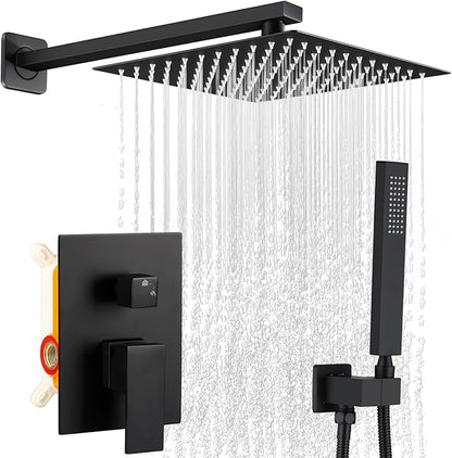 Matte Black Shower Faucet Set, Rainfall Bathroom Shower System Fixture 12 Inch High Pressure Square Rain Shower Head with Handheld Sprayer Combo Wall Mount with cUPC Certified Rough-in Valve