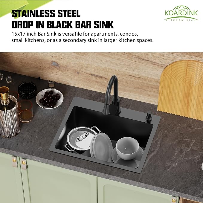 Black Kitchen And Bar Sink, 22x18 Inch Stainless Steel Drop In Kitchen Sink Modern Single Bowl Topmount Bar Sink Combo-Silicon Mat,Drain Strainer Set Compatibility With Various Kitchen & Bar Style