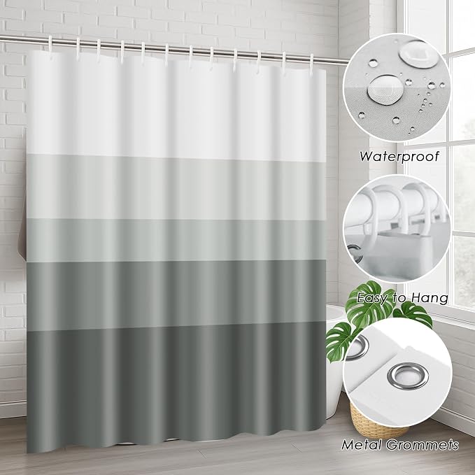 Bathroom Sets with Shower Curtain and Rugs, 4 Pcs Ombre Striped | Minimalist Neutral Modern Bathroom Decor Set with Toilet Lid Cover, Non-Slip Bath Mats and Accessories 12 Hooks