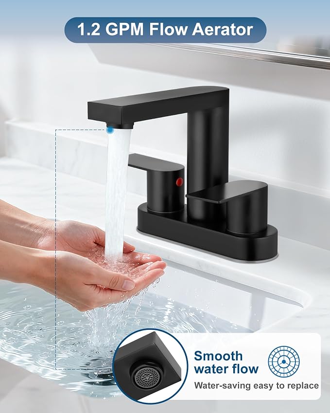Matte Black Bathroom Sink Faucet,4 Inch Centerset,Two Handle | Lead-Free SUS304 Stainless Steel 2 or 3-Hole Centerset Bathroom Faucet,Pop-Up Drain & cUPC Supply Lines for Vanity Sinks & RV