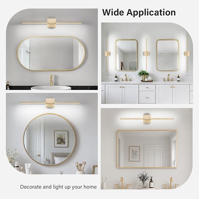Gold Bathroom Vanity Light, 24 Inch LED Light Bar Over Mirror | Modern Bathroom Light Fixture Over Mirror for Vanity, 360° Rotatable Dimmable LED Wall Mounted Lighting, ETL Certified