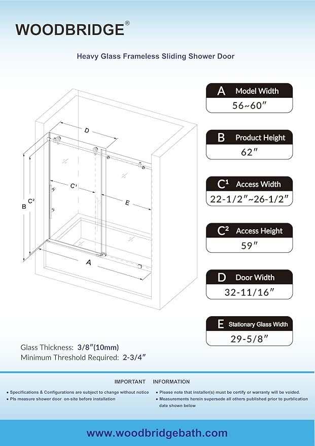 Woodbridge Frameless Bathtub Shower Doors 56-60" Width x 62" Height with 3/8"(10mm) Clear Tempered Glass in Brushed Nickel Finish