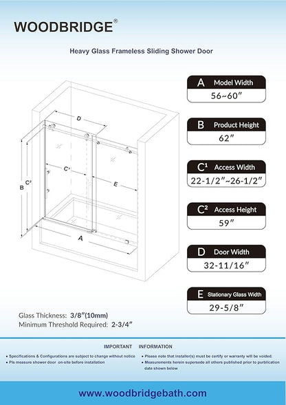 Woodbridge Frameless Bathtub Shower Doors 56-60" Width x 62" Height with 3/8"(10mm) Clear Tempered Glass in Matte Black Finish
