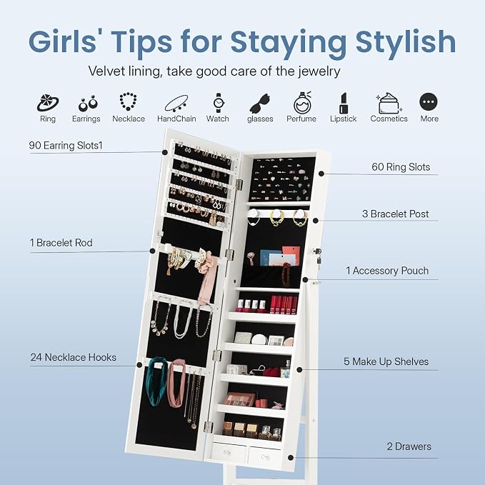 DUMOS Freestanding Jewelry Organizer Cabinet with Full Length Mirror | Standing Jewelry Armoire, Lockable, 47.3" Mirror with Storage, 2 Drawers, 3 Adjustable Angles (13°/23°/30°), White