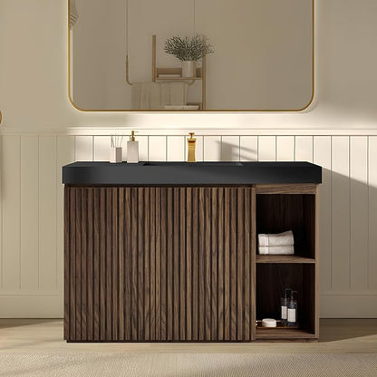 48" Bathroom Vanity with Sink, Freestanding Single Sink Bathroom Vanity with Black Engineered Stone Top & Open Side Storage, Soft-Closing Doors with Adjustable Shelf, Walnut