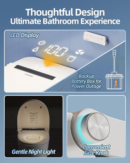 Smart Toilet, One Piece Toilet with Built-in Heated Bidet Seat, Auto Flush, Foot Sensing Flush, Built-in Tank & Pump-Assisted, Warm Water & Dryer, LED Display, Night Light, Manual Lid
