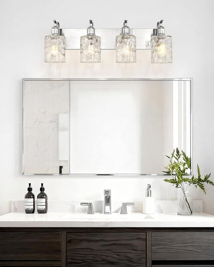 4-Light 27 Inch Bathroom Vanity Light,Hammered Glass,Nickel | Brushed Nickel,Over Mirror Wall Light,E26 sockets,for bathroom mirror,powder room,dressing area
