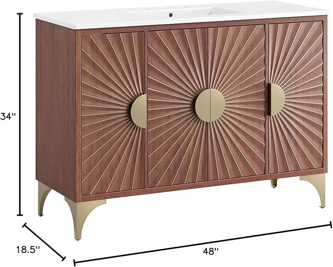 Modway Daylight Bathroom Vanity Cabinet with Ceramic Basin, 48" Single Sink, White Walnut