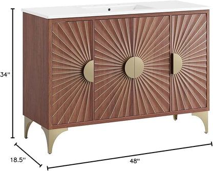 Modway Daylight Bathroom Vanity Cabinet with Ceramic Basin, 48" Single Sink, White Walnut