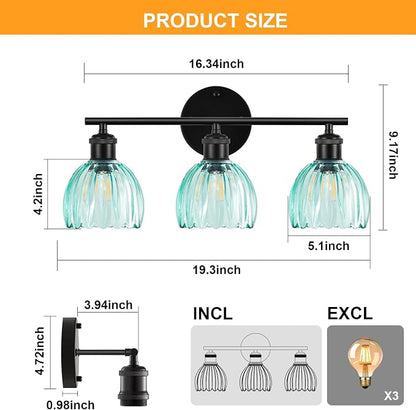 Bathroom Light Fixtures, 3-Light Brushed Black Vanity Lights for Bathroom with Blue Tulip Glass Shade, 20" Vintage Bathroom Vanity Lighting Fixtures Over Mirror for Bedroom Living Room Hallway