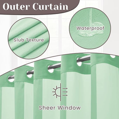 SORTTO No Hook Slub Shower Curtain with Liner, 71x74, Aqua Green | Snap in Liner, 3 in 1, Bamboo Texture, Hotel Style, Waterproof Fabric, Mesh Top Window, Corner Magnets, Machine Washable