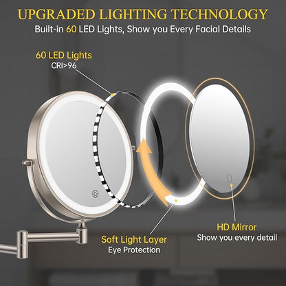 FUNTOUCH 3X/20X Wall Mounted Lighted Makeup Mirror,5000mAh Rechargeable Double Sided Magnifying Bathroom Mirror with Lights,3 Color Lighting,Touch Dimmable,Extended Arm 360 Rotation Light up Mirrors