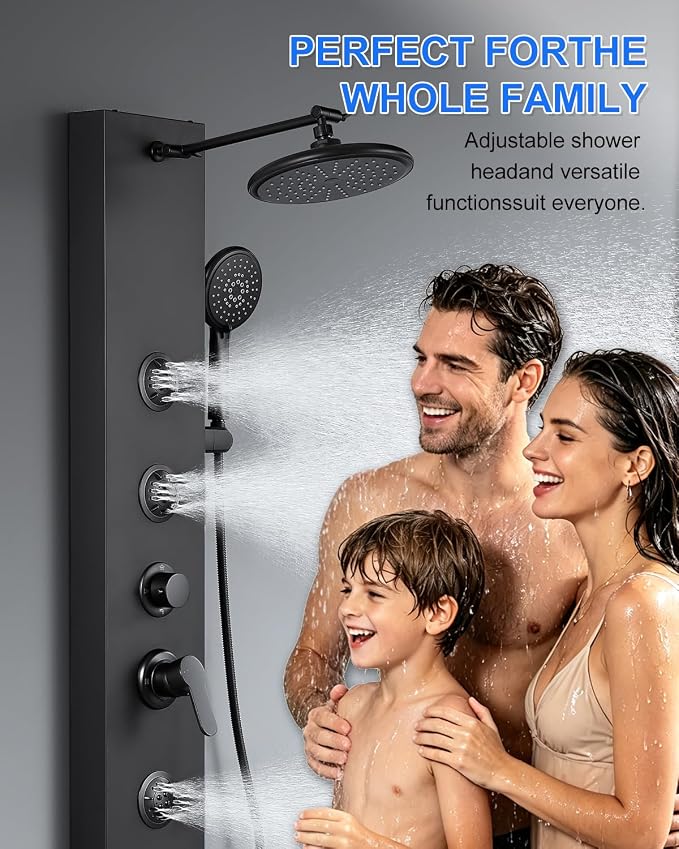 Rainfall Shower Panel Tower - 5 in 1 Full Body Shower, Matte Black | Stainless Steel Shower Column with 2 Powerful Body Jets, Handheld and Tub Spout, Brass Valves, Adjustable Shower Head