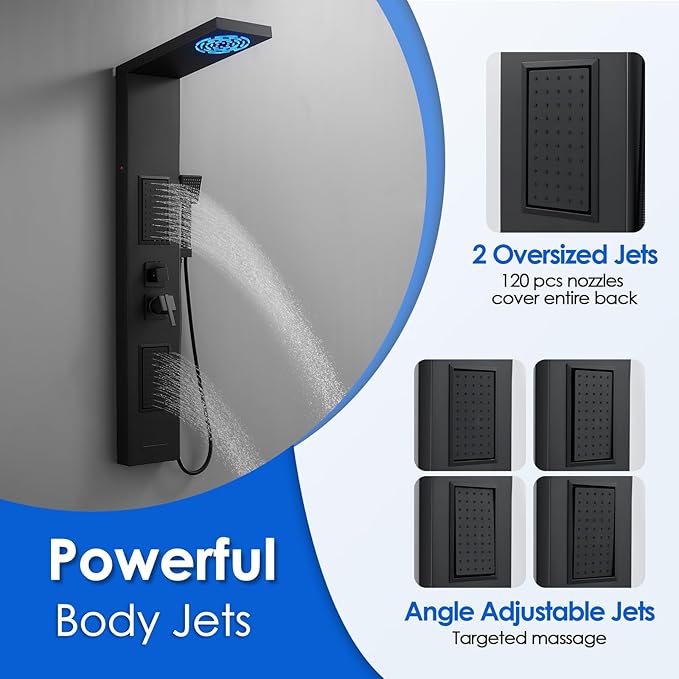 ROVOGO Led Shower Panel Tower System, Lighted Shower Head 2-Setting (Rainfall & Mist Mode), Large Body Jets, Handheld and Tub Spout, 50" Stainless Steel Shower Column with Mixer Valve, Black