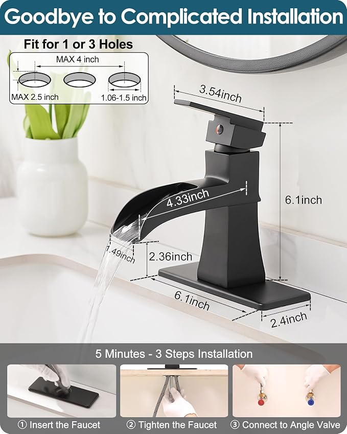 Waterfall Bathroom Faucet Black, Brass Bathroom Faucets One Hole or 3 Hole 4 Inch, Single Handle with Deck Plate & Water Hoses for Morden Lavatory Vanity RV, Not Equipped Pop-up Drain