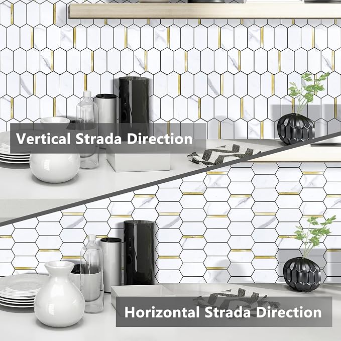 Vamos Tile Long Hexagon Peel and Stick Backsplash Tile - 10 Sheets Stick on Backsplash for Kitchen and Bathroom 12.4 x 12 Inch White Marble Look PVC Mixed Metal Gold Self Adhesive Mosaic Wall Tiles